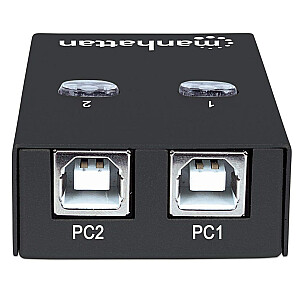 Manheteno USB-A automatinio bendrinimo jungiklis, 2 USB-B prievadai, 480 Mbps (USB 2.0), dvigubas valdymas (automatinis arba rankinis), maitinamas magistrale, didelės spartos USB, įskaitant 1 USB-A į USB-B. Ilgis 1,5 m kabelis, juodas, trejų metų garantija, lizdinė plokštelė
