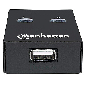 Manheteno USB-A automatinio bendrinimo jungiklis, 2 USB-B prievadai, 480 Mbps (USB 2.0), dvigubas valdymas (automatinis arba rankinis), maitinamas magistrale, didelės spartos USB, įskaitant 1 USB-A į USB-B. Ilgis 1,5 m kabelis, juodas, trejų metų garantija, lizdinė plokštelė