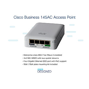 Cisco Business 145AC 802.11ac 2x2 Wave 2 prieigos taškas 4 GbE prievadai Single PoE – sieninė plokštė, ribota eksploatavimo trukmės apsauga (CBW145AC-E)
