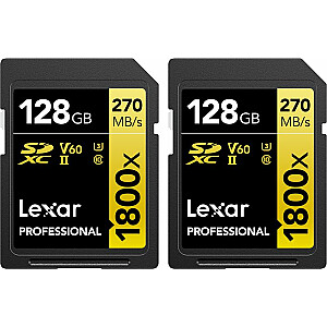 Lexar SDXC 128 GB Professional 1800x UHS-II U3 (180/270 MB/s) – 2 pakuotės