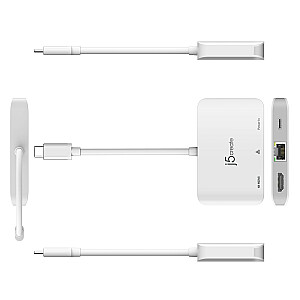 j5sukurkite USB-C prijungimo stotį prie 4K HDMI Ethernet adapterio 1x4K HDMI/1xUSB-C/1xRJ45 Gigabit; spalva balta JCA351-N