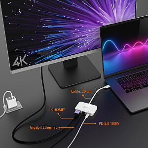 j5sukurkite USB-C prijungimo stotį prie 4K HDMI Ethernet adapterio 1x4K HDMI/1xUSB-C/1xRJ45 Gigabit; spalva balta JCA351-N