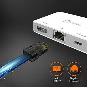 Док-станция j5create USB-C — адаптер Ethernet 4K HDMI 1x4K HDMI/1xUSB-C/1xRJ45 Gigabit; цвет белый JCA351-N