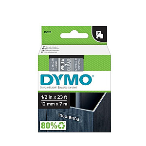 Etikečių juosta Dymo D1, 12mm x 7m, baltas šriftas ant skaidrios juostos