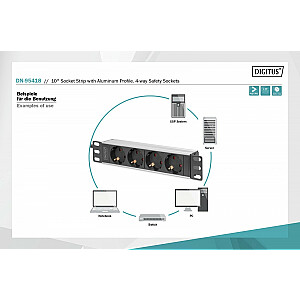 Удлинитель для шкафов 10" RACK 4xSchuko, 2м 1xUnischuko, 16А, алюминий