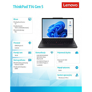 „Ultrabook ThinkPad T14 G5“ 21MC0006PB W11Pro 8540U/16GB/512GB/INT/14.0 WUXGA/juoda / 3 metų „Premier“ palaikymas + CO2 kompensacija 