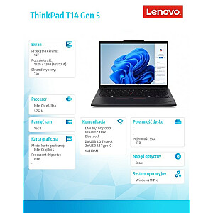 Ультрабук ThinkPad T14 G5 21ML0046PB W11Pro Ultra 7 155U/16 ГБ/1 ТБ/INT/14,0 WUXGA/сенсорный/черный/3 года премьер-поддержки + компенсация CO2 