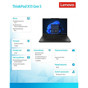 Ultrabook ThinkPad X13 G5 21LU0014PB W11Pro Ultra7 155U/32GB/1TB/INT/13.3 WUXGA/juoda/3 metai Premier su palaikymu + CO2 kompensacija 