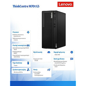 Kompiuteris ThinkCentre M70t G5 Tower 12U60001PB W11Pro i5-14400/16GB/512GB/INT/DVD/3 metų OS 