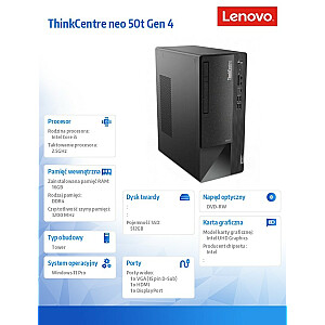 Kompiuteris ThinkCentre Neo 50t G4 TWR 12JB0015PB W11Pro i5-13400/16GB/512GB/INT/DVD/3 metų OS 