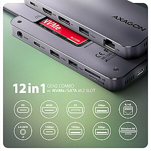 Kelių prievadų šakotuvas AXAGON HMC-12GM2, USB-C 3.1, M.2-NVMe/SATA, DP + HDMI, Gbit-LAN, 3x USB-A, 1x USB-C, CR