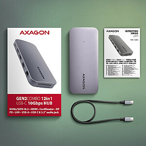 Kelių prievadų šakotuvas AXAGON HMC-12GM2, USB-C 3.1, M.2-NVMe/SATA, DP + HDMI, Gbit-LAN, 3x USB-A, 1x USB-C, CR