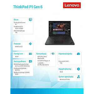 Nešiojamasis kompiuteris ThinkPad P1 G6 21FV000HPB W11Pro i7-13800H/32GB/1TB/RTX3500 12GB/16.0 WQUXGA/Touch/3 metų pagrindinis palaikymas 