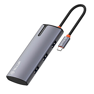 Концентратор Tellur USB-C, PD 3.0 100 Вт, HDMI, 3xUSB 3.0 серый