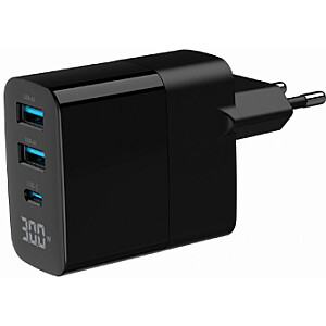 Lādētājs Gembird 3-port 30W GaN USB Fast Charger LCD Black