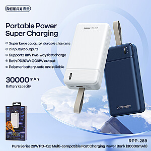 REMAX Power Bank 30000mAh RPP-289 Pure - USB + C tipas - PD 20W QC 18W синий