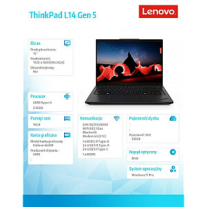 Ноутбук ThinkPad L14 AMD G5 21L5001MPB W11Pro 7535U/16 ГБ/512 ГБ/AMD Radeon/14,0 WUXGA/черный/1 год поддержки Premier + ОС на 3 года + компенсация выбросов CO2 