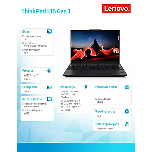 ThinkPad L16 G1 nešiojamas kompiuteris 21L7001HPB W11Pro 7735U/16GB/512GB/AMD Radeon/16.0 WUXGA/Black/1 metų „Premier“ palaikymas + 3 metų OS + CO2 užskaita 