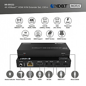 HDMI 4K 60 Hz vytos poros 150 m plėstuvas Cat.6A/7/8 HDBaseT HDCP2.2 IR EDID PoC rinkinys 