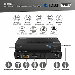 HDMI 4K 60 Hz vytos poros 150 m plėstuvas Cat.6A/7/8 HDBaseT HDCP2.2 IR EDID PoC rinkinys 