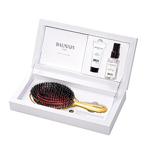 BALMAINŲ RINKINYS Golden Boar Hair Spa Brush szczotka do włosów + Travel Argan Elixir 20 ml + Nenuplaunamas kondicionierius kelionėms 50 ml