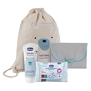CHICCO SET Sauskelnių keitimo kilimėlis + Kremas nuo sauskelnių bėrimų + Drėgnos servetėlės 16 vnt.
