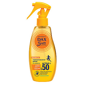 DAX Sun Active+ SPF50 skaidrus purškalas nuo saulės, atsparus vandeniui, 200 ml