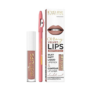 EVELINE Oh My Lips Liquid Matt Lipstick&Contour Lip Liner matiniai lūpų dažai ir lūpų pieštukas 4,5 ml + 1 vnt. 11. Pieno kokteilis su sausainiais