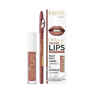 EVELINE Oh My Lips Liquid Matt Lipstick&Contour Lip Liner matiniai lūpų dažai ir kontūras 4,5 ml + 1 vnt. 12 Praline ekleras 