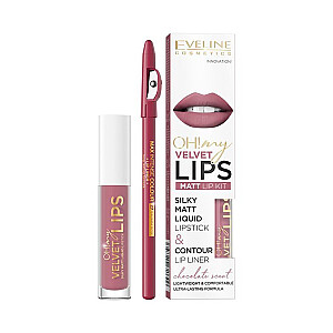 EVELINE Oh My Lips Liquid Matt Lipstick&Contour Lip Liner matiniai lūpų dažai ir lūpų pieštukas 4,5 ml + 1 vnt. 13 Brownie Biscotti 