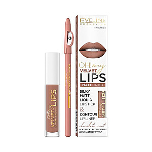 EVELINE Oh My Lips Liquid Matt Lipstick&Contour Lip Liner matiniai lūpų dažai ir kontūras 4,5 ml + 1 vnt. 14 šokoladinių triufelių