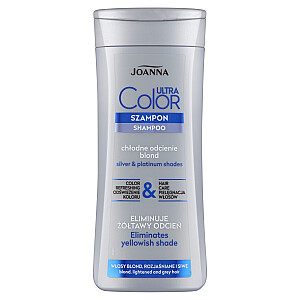 JOANNA Ultra Color System šampūnas šviesiems, šviesiems ir pilkiems plaukams Šampūnas šviesintiems ir pilkiems šviesiems plaukams, suteikiantis platininį atspalvį 200ml