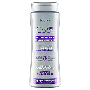 JOANNA Ultra Color Silver šampūnas šviesiems, balintiems ir žiliems plaukams Šampūnas šviesiems, šviesintiems ir žiliems plaukams, naikinantis gelsvus atspalvius, 400ml