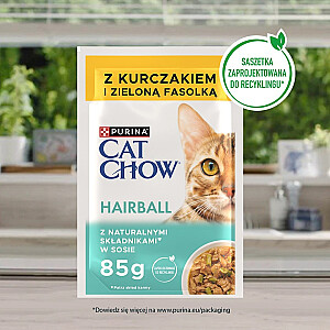 PURINA Cat Chow plaukų gniūžtė su vištiena ir pupelėmis – šlapias kačių maistas – 4 x 85 g