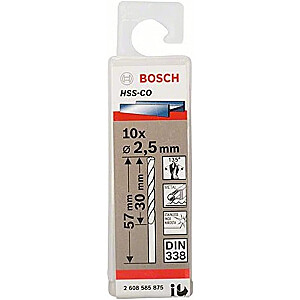 Sukamasis grąžtas metalui Bosch HSS-Co, DIN 338, 2,5 mm (10 vnt., darbinis ilgis 30 mm)