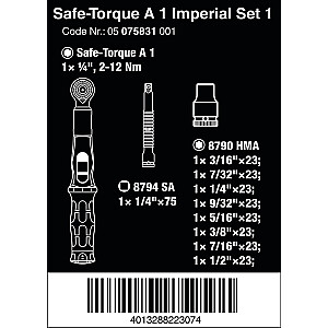 Wera Safe-Torque A 1 Imperial Set 1, 10 vnt., sukimo momento raktas (juodas/žalias, 1/4 colio kvadratinis, 2–12 Nm)