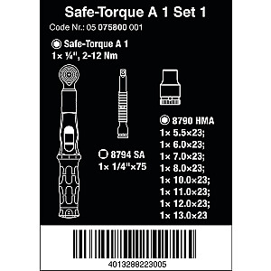 Wera Safe-Torque A1 rinkinys 1, 10 vnt., dinamometrinis raktas (juodas/žalias, 1/4 colio kvadratinis, 2–12 Nm)