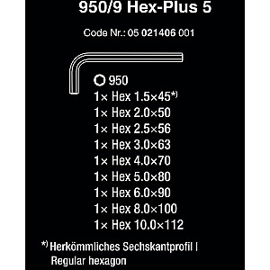 Wera 950/9 L-raktų rinkinys Hex-Plus 5, 9 vnt., atsuktuvas (su fiksavimo segtuku)