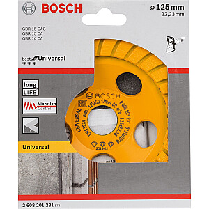 „Bosch Diamond Disc Wheel“ geriausiai tinka universaliam turbo 125 mm šlifavimo ratui (22,23 mm skersmuo, skirtas betono ir kampiniams šlifuokliams)