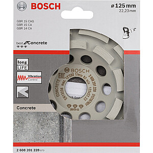 „Bosch Diamond Disc Wheel“ geriausiai tinka betono 125 mm šlifavimo ratui (22,23 mm skersmuo, skirtas betono ir kampiniams šlifuokliams)
