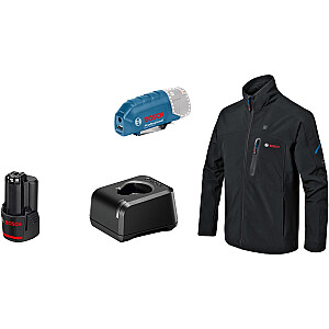 Bosch Heat+Jacket GHJ 12+18V komplektas, 3XL dydis, darbo rūbai (juoda, su įkrovimo adapteriu GAA 12V-21, 1x 12 V baterija)