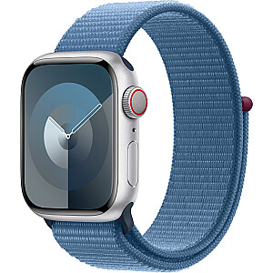 Apple Watch Series 9, Smartwatch (серебристый/синий, алюминий, 41 мм, спортивный ремешок, сотовая связь)