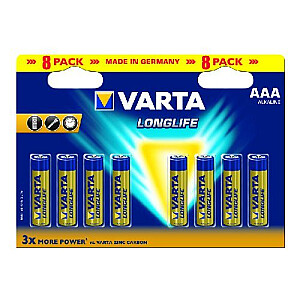 Varta Longlife Extra LR03, щелочная, 1,5В, шт. 8 (4103-101-328)