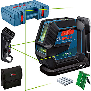 Linijinis lazeris Bosch GLL 2-15 G Professional, su laikikliu, skersiniu lazerio spinduliu (mėlyna/juoda, dėklas, lubų spaustukas, žalios lazerio linijos)