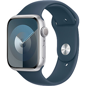„Apple Watch Series 9“, išmanusis laikrodis (sidabras / mėlynas, aliuminis, 45 mm, sportinė apyrankė)