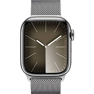 „Apple Watch Series 9“, išmanusis laikrodis (sidabras / sidabras, nerūdijančio plieno, 41 mm, Milano apyrankė, korinis)