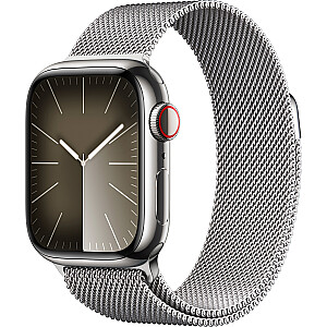 „Apple Watch Series 9“, išmanusis laikrodis (sidabras / sidabras, nerūdijančio plieno, 41 mm, Milano apyrankė, korinis)