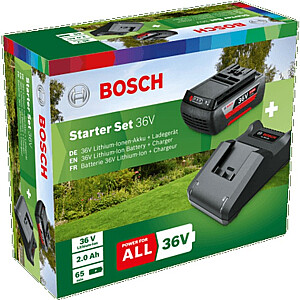 Bosch starterio komplektas 36V (GBA 36V 2.0Ah + AL 36V-20), įkroviklis (juodas, 36V POWER FOR ALL, baterija + įkroviklis)
