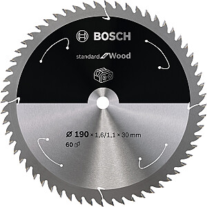 Diskinio pjovimo diskas Bosch Standard for Wood, 190 mm, 60Z (skylės skersmuo 30 mm, akumuliatoriniams rankiniams diskiniams pjūklams)