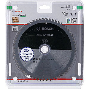 Diskinio pjovimo diskas Bosch Standard for Wood, 190 mm, 60Z (skylės skersmuo 30 mm, akumuliatoriniams rankiniams diskiniams pjūklams)